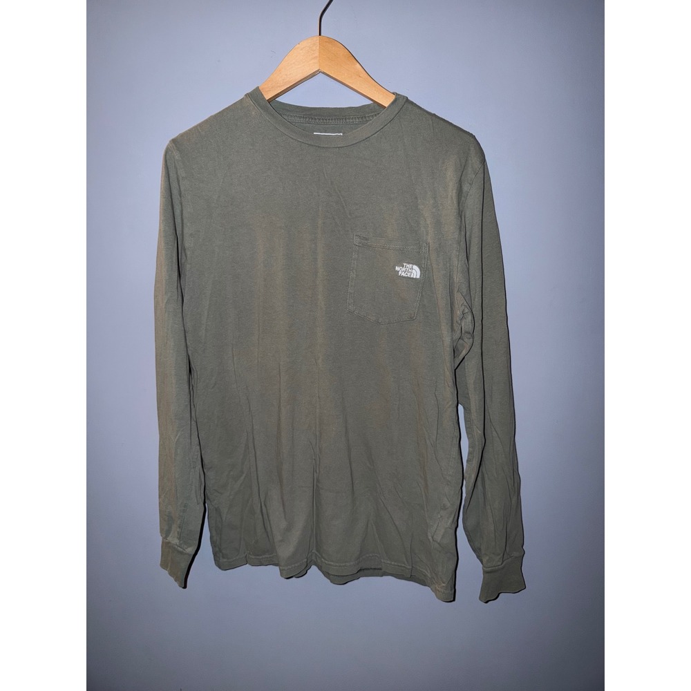The North Face Mens Long Sleeve Pocket T-Shirt Olive Green Embroidered Logo M‎